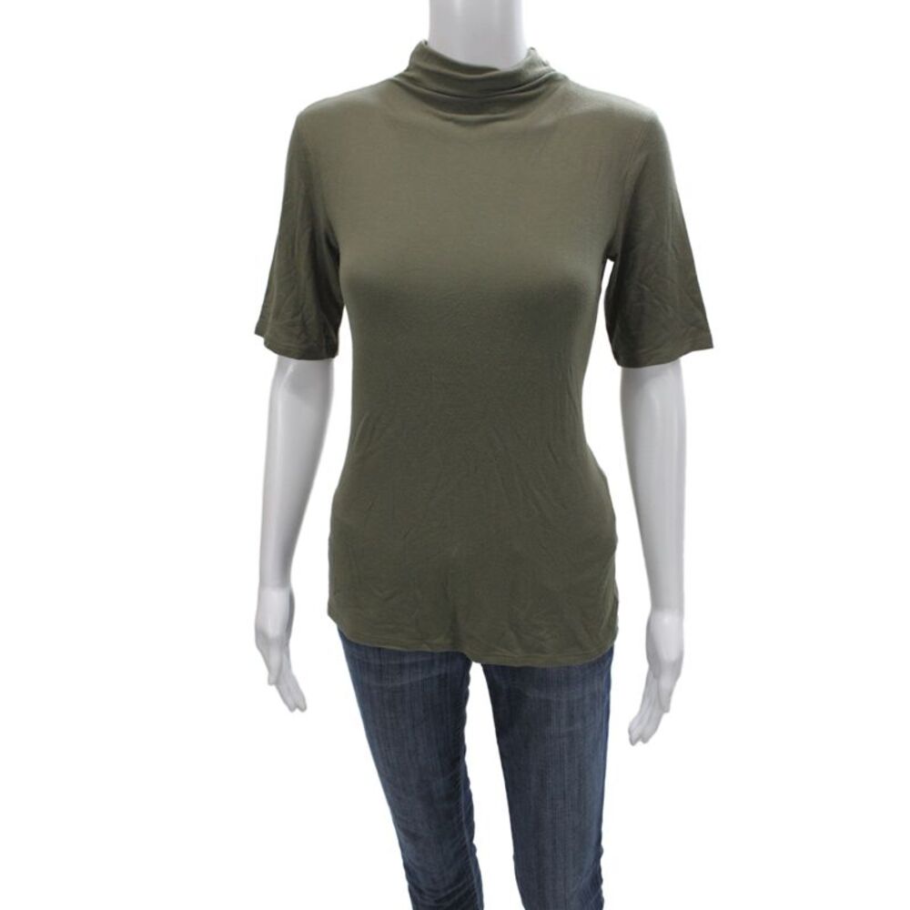Theory Women Basic Mock Neck Green T-Shirt 3/4 Sleeve 90% Viscose Size L